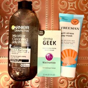 3 PC Skincare Set: dermaGEEK Night Cream, Garnier Micellar Water, Freeman Mask